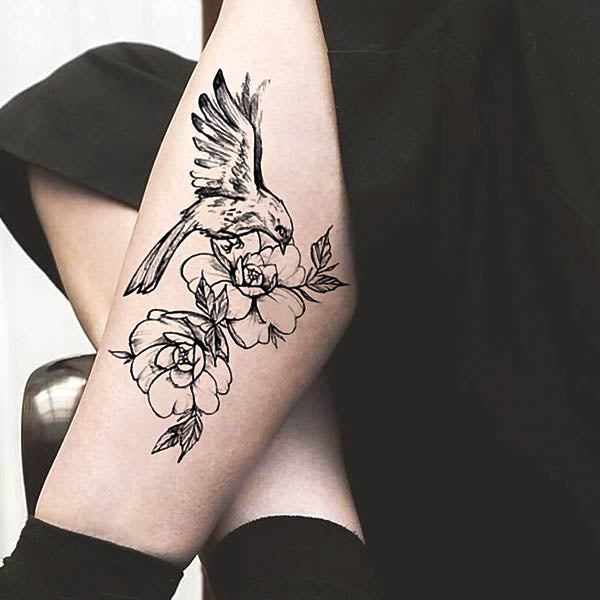 Tatouage temporaire oiseau et fleurs en n&b tatouage éphémère tatoo faux fake autocollant femme temporary tattoo ephemere