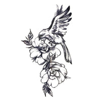 Tatouage temporaire oiseau et fleurs en n&b tatouage éphémère tatoo faux fake autocollant femme temporary tattoo ephemere
