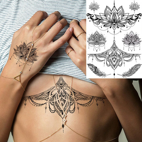Tatouage underboob pack plumes mandala lotus 8 tatouages temporaires faux tatou tatoo tattoo ephemere femme