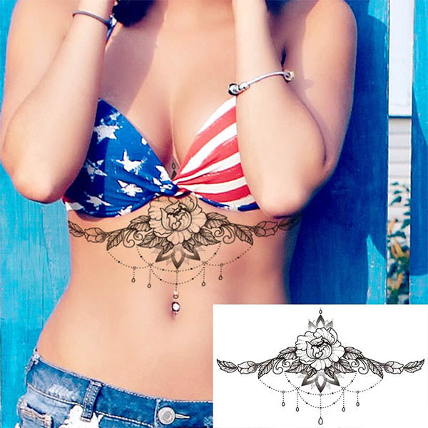 Tatouage underboobs - Fleur de mandala tatouage éphémère ephemere temporaire femme potrine underboob seins faux tatouage tatoo tattoo fake autocollant décalcomanie