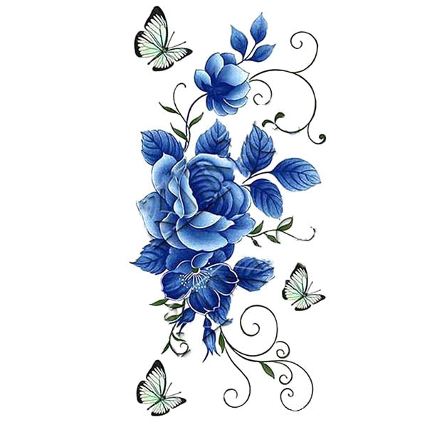 Faux tatouage femme fleurs bleues & papillons tatouage éphémère ephemere temporaire faux tatoo fake autocollant bleu fleur rose papillon tattoo-ephemere