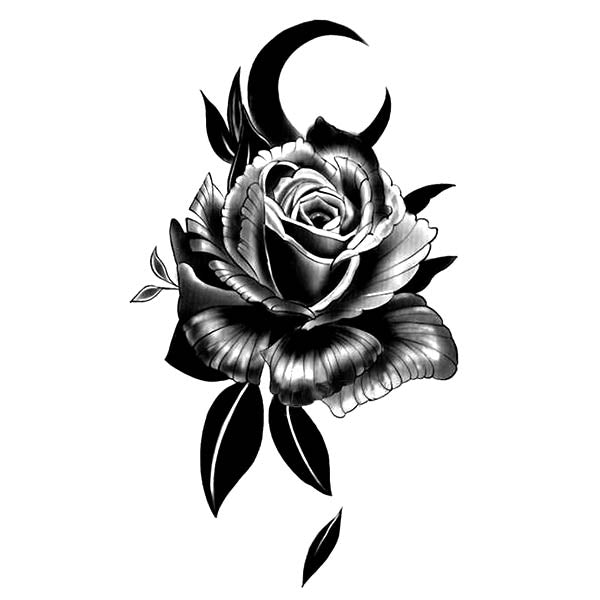 Faux tatouage rose & lune noire pour homme et femme tatouage éphémère tatouage temporaire faux tatoo fake autocollant décalcomanie provisoire fleur tattoo ephemere