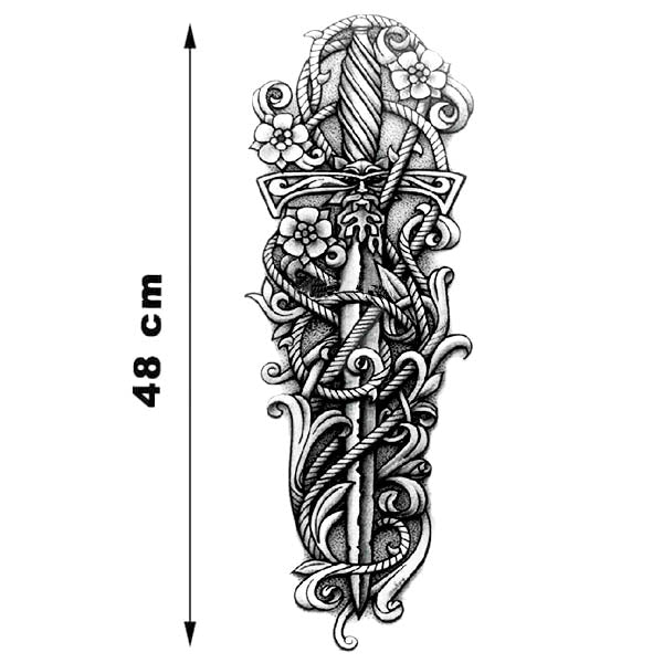 Tatouage Ephemere épée médiévale chevallier moyen age forge bras complet tatouage temporaire faux tatoo fake autocollant tatouages éphémère homme femme avant bras bras complet manchette sleeves tattoo ephemere
