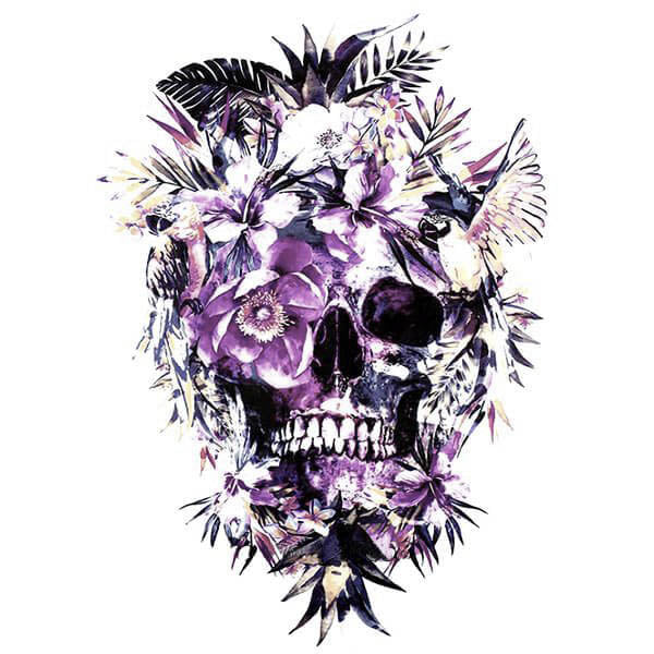 Tatouage éphémère tête de mort et fleurs violet Tatouage ephemere