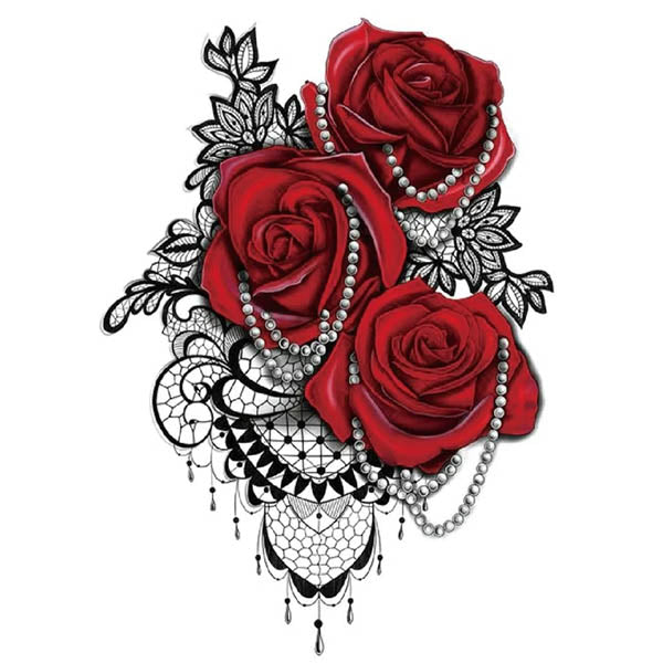 Tatouage temporaire roses perles & dentelles faux tatouage fake tatoo autocollant éphémère non permanent rose rouge femme tattoo-ephemere