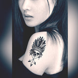 Tête de mort indien Faux tatouage, tatouage ephemere, tatouages temporaires Tête de mort, flèche, plume, indien, indienne, coiffe tatoo, tatou, tattoo ephemere