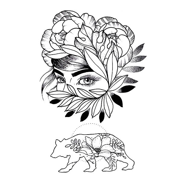 Visage fleuri & ours tattoo ephemere tatouage temporaire faux tatouage pour homme et femme pour le bras la cuisse
