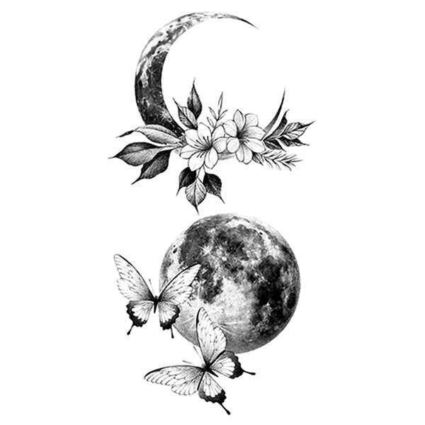 Tatouage éphémère Lune & Papillon tatouages temporaires faux tatouage croissant de lune pleine lune flurs papillons noir et blanc faux tatouage non permanent tattoo ephemere
