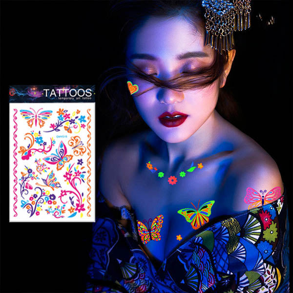 Tatouages fluorescents éphémères papillons et fleurs fluorescent  phosphorescent uv tatouage temporaire faux tatoo fake autocollant brille dans la nuit femme tattoo ephemere
